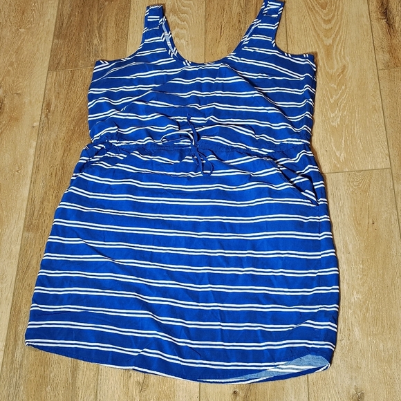 GAP Dresses & Skirts - Gap Blue & White Striped Dress With Drawstring Waist SZ LG Scoop Neck W/ Pockets